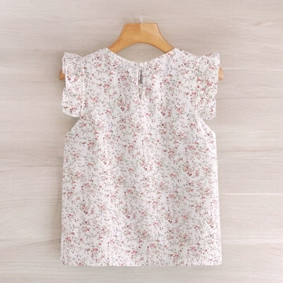 Floral White Pink Ruffle Sleeves Top - Picture 2 of 4
